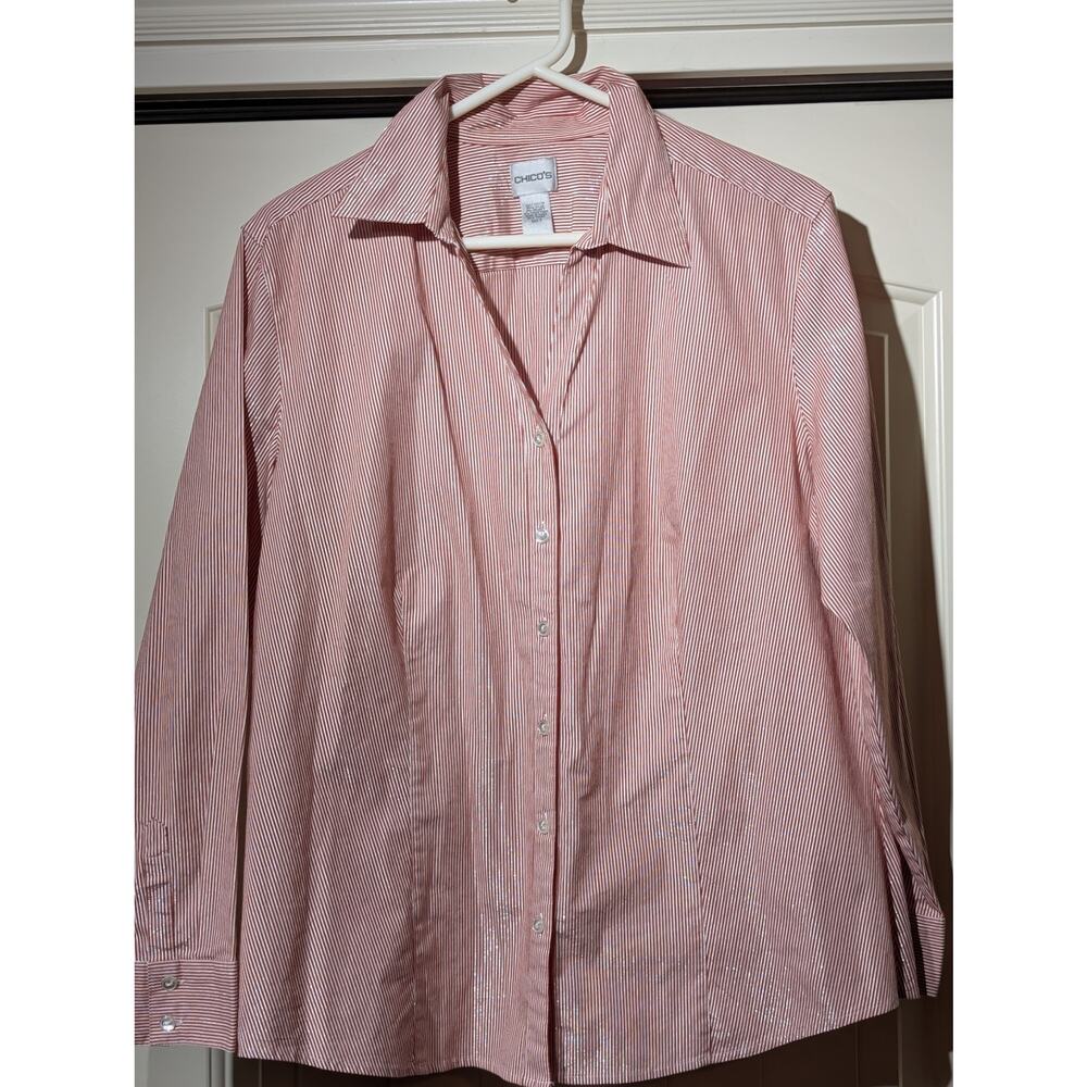 Chico's Red Silver Metallic Stripe Button Front Blouse Womens Size 3 (XL-16)